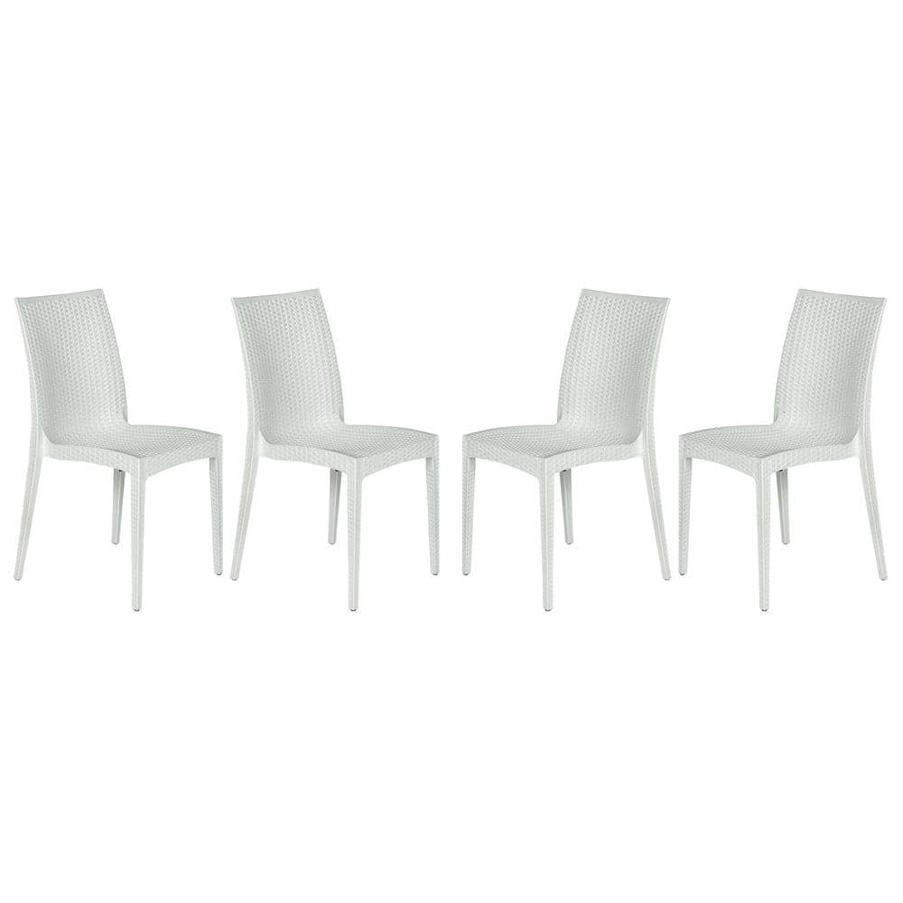 Modern Weave Design White Polypropylene Stackable Dining Chair, Set of 4