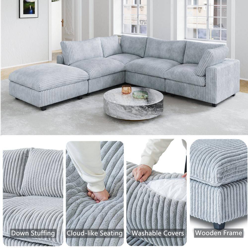 Gray L-shaped modular sofa in a living room.