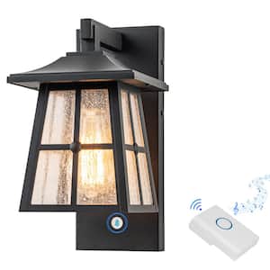 Matte Black Aluminum Hardwired Outdoor Wall Lantern Sconce with Doorbell and Seeded Glass Shade