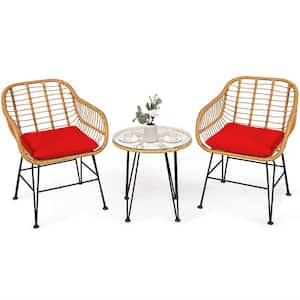 3-Piece Wicker Rattan Patio Conversation Set with Red Cushions and Tempered Glass Table Top