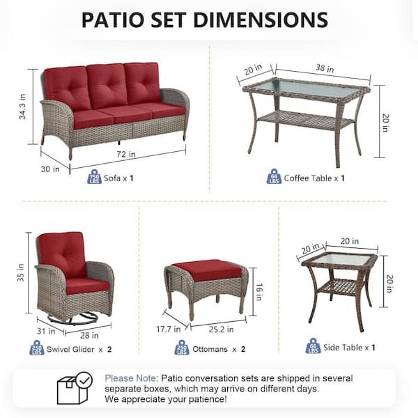 SleekArm 7-Piece Gray Wicker Patio Conversation Set with Olefin Red Cushion and Outdoor Swivel Glider Chairs