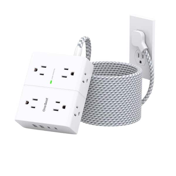 25' Flat Plug Surge Protector Power Strip, Long Extension Cord with 8 Widely AC Outlets and 4 USB Ports (2 USB-C), White