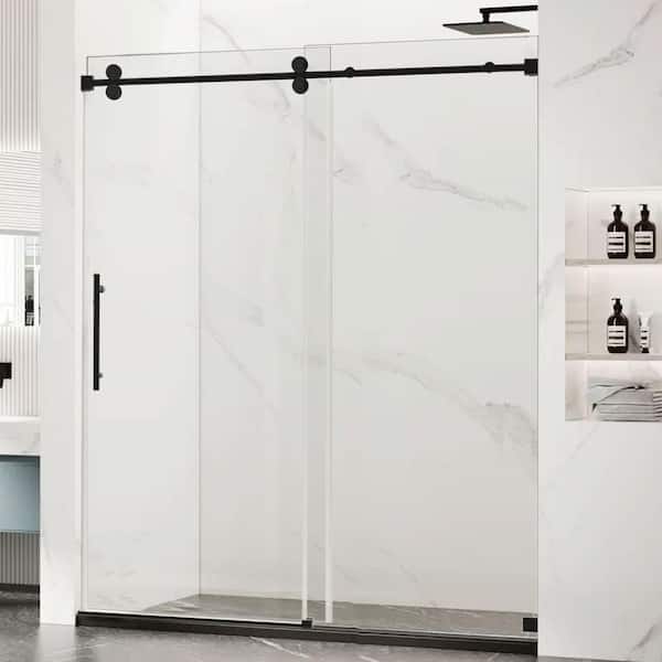 60 in. W x 66 in. H Single Sliding Frameless Shower Door /Enclosure in Matte Black Finish with Clear Glass
