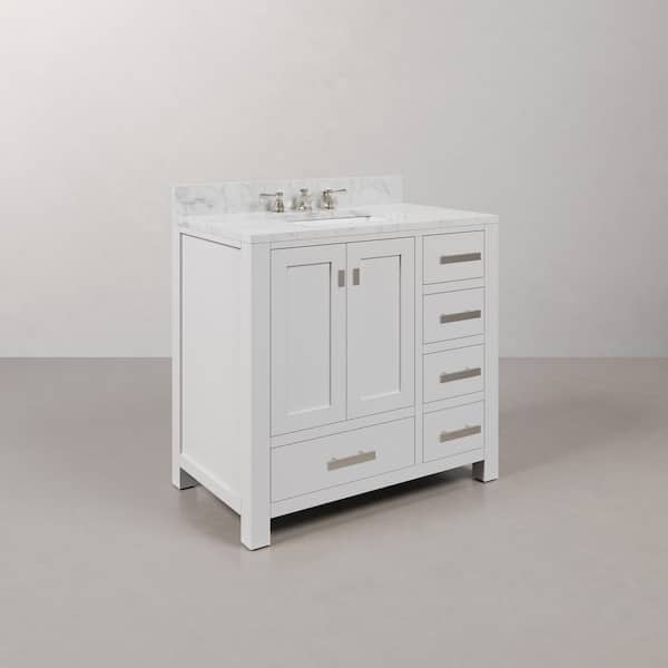 Madison 36 in. W x 21.5 in. D x 34 in. H Single Sink Bath Vanity in Pure White with Carrara White Marble Top and Faucet