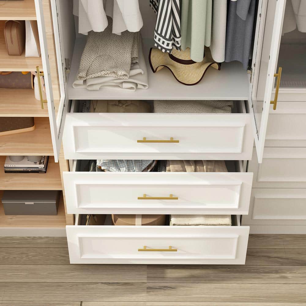 2-Combination White Wood 47.6 in. W 4-Door Big Armoires with 2-Hanging Rods, 3-Drawers, Shelves 74.8 in. H x 19.3 in. D - thumbnail 7