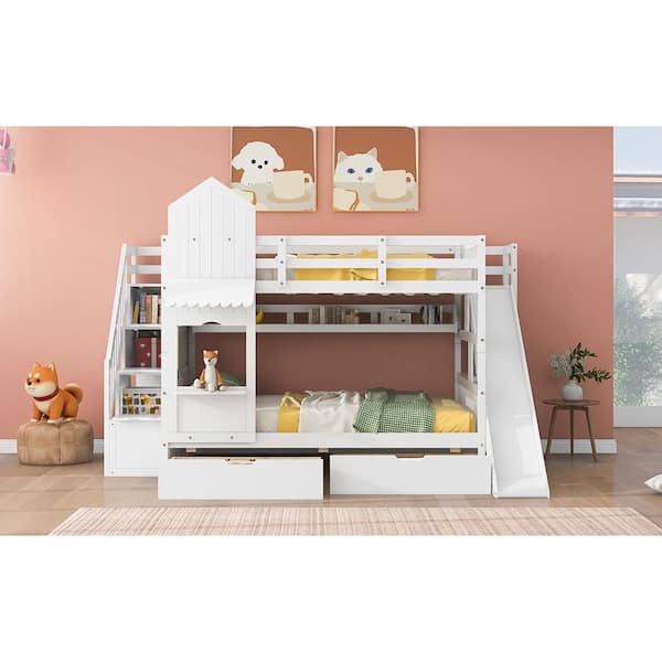White Full-Over-Full Castle Style Bunk Bed with 2-Drawers 3 Shelves and Slide