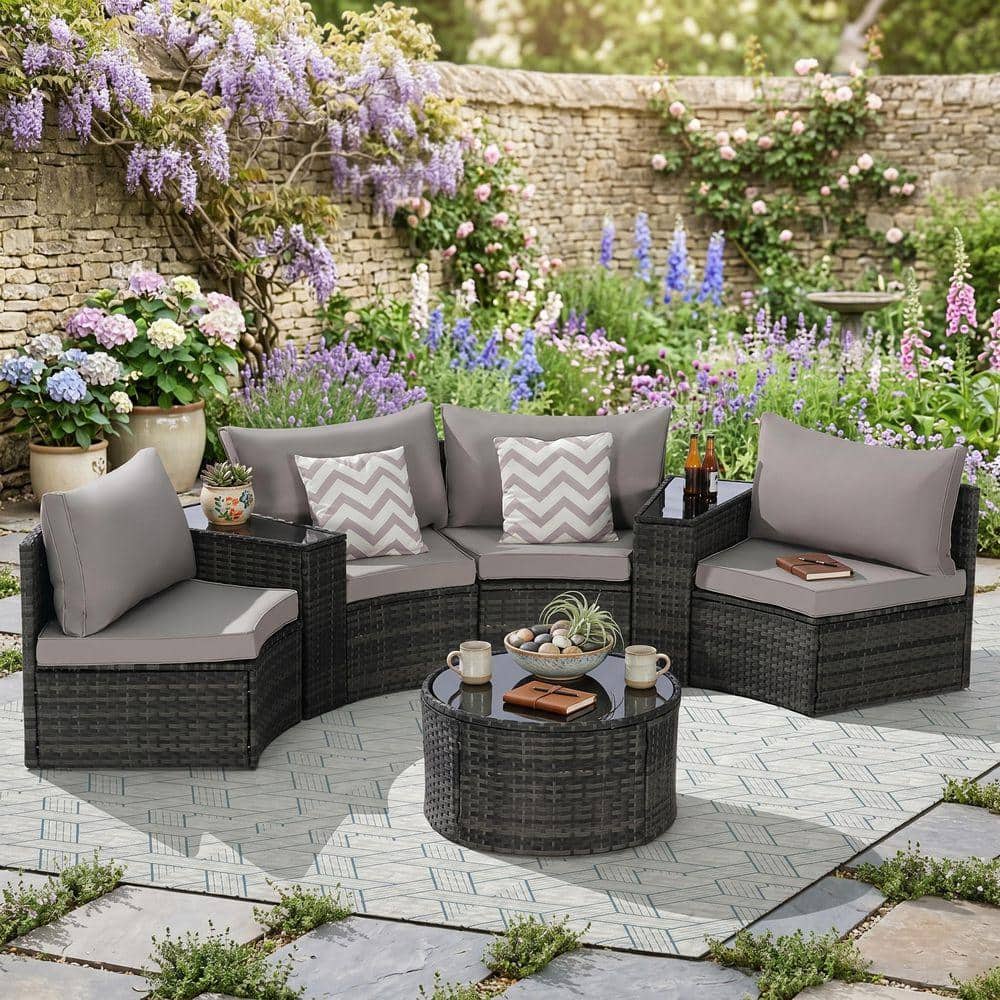 :…: 7-Piece Wicker Outdoor Sectional Set, Half-Moon Patio Furniture