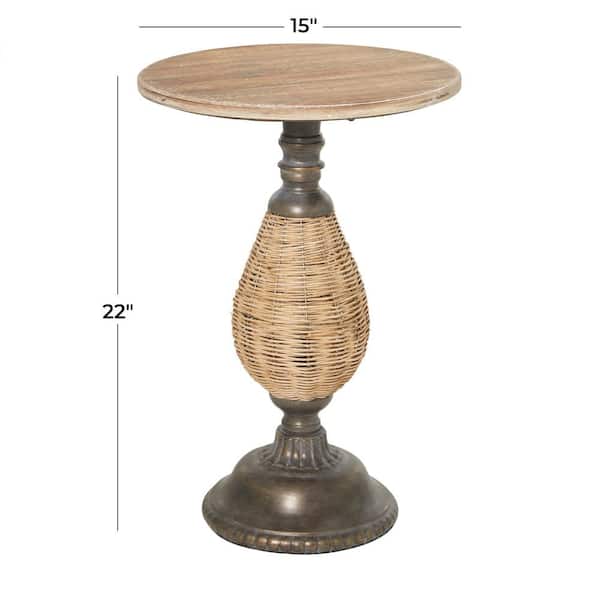 15 in. Brown Large Round Wood End Accent Table with Black Metal and Rattan Base