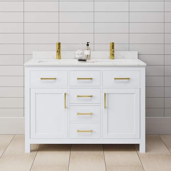 Wyndham Collection Beckett 48 in. W x 22 in. D x 35 in. H Double Sink Bathroom Vanity in White with Carrara Cultured Marble Top