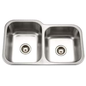 Medallion Classic Series Undermount Stainless Steel 32 in. 0-Hole Double Basin Kitchen Sink with Small Right Basin