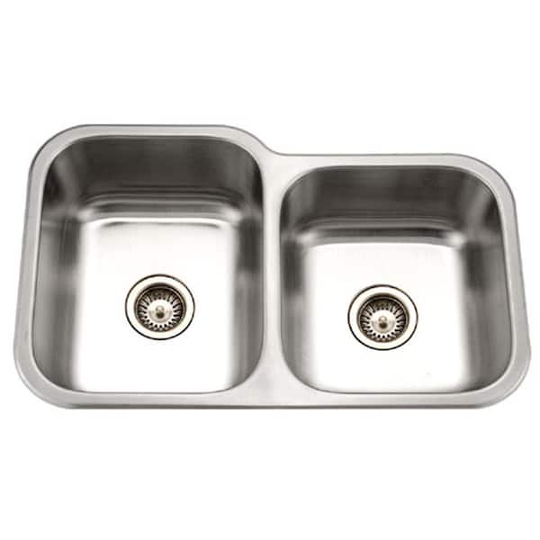 HOUZER Medallion Classic Series Undermount Stainless Steel 32 in. 0-Hole Double Basin Kitchen Sink with Small Right Basin