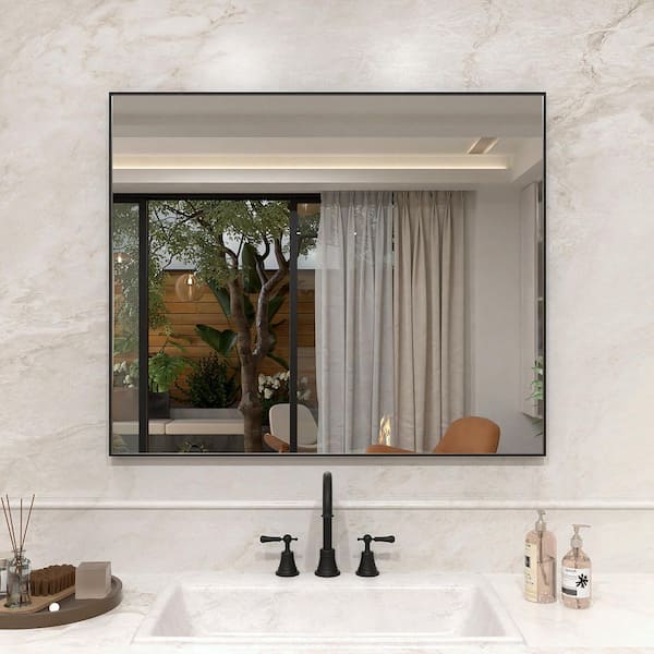 36 in. W x 30 in. H Rectangular Framed Wall Bathroom Vanity Mirror in Matte Black