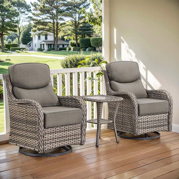 Opohoro Arcadia Gray 3-Piece Wicker Swivel Rocker Patio Conversation Set with 6 in. Thick Gray Cushions and Side Table
