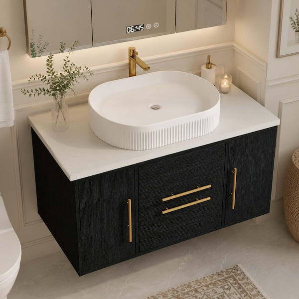 39.4 in. Single Sink Wall Mounted Black Bath Vanity with White Fluted Ceramic Vessel Sink (Self Assembly Needed)