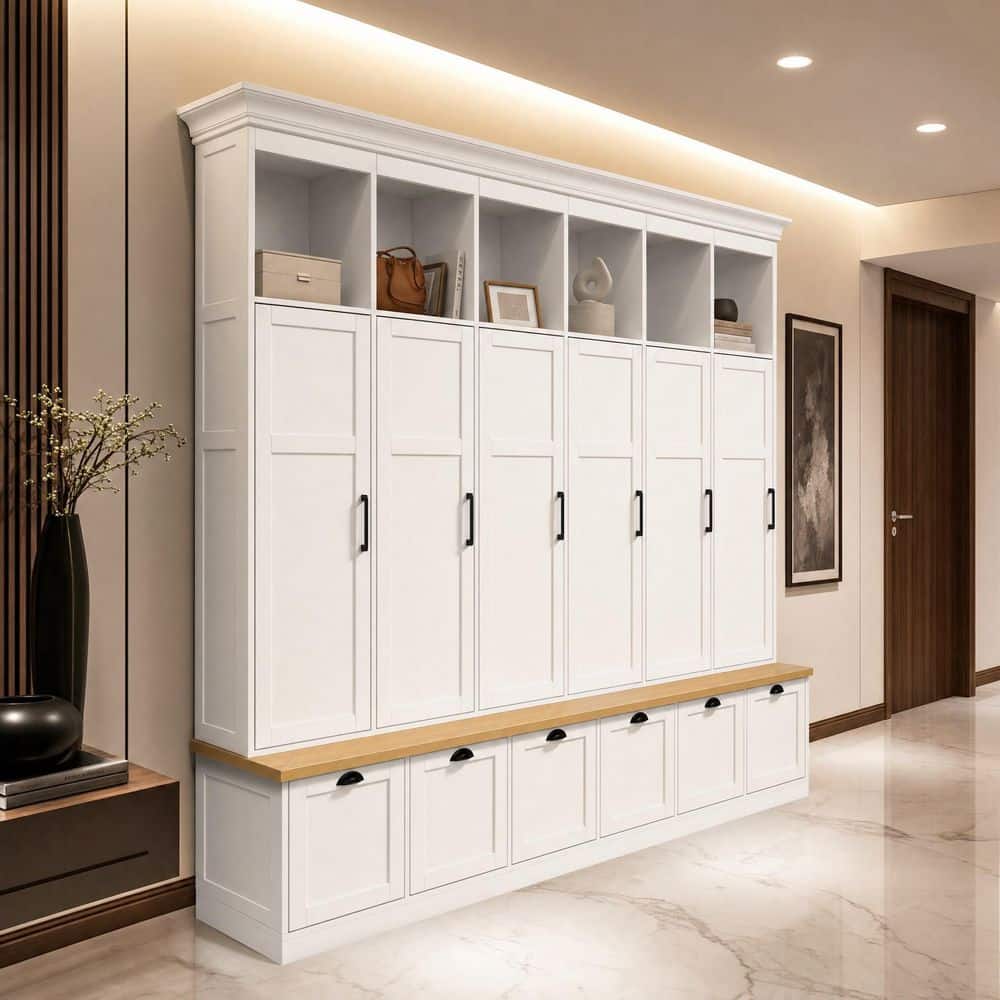 White 89.4 in. H Accent Cabinet Office Storage Cabinet with 30 Shelves, 6 Drawers, 6 Storage Lockers, Shoe Bench price history on PriceWatchPro