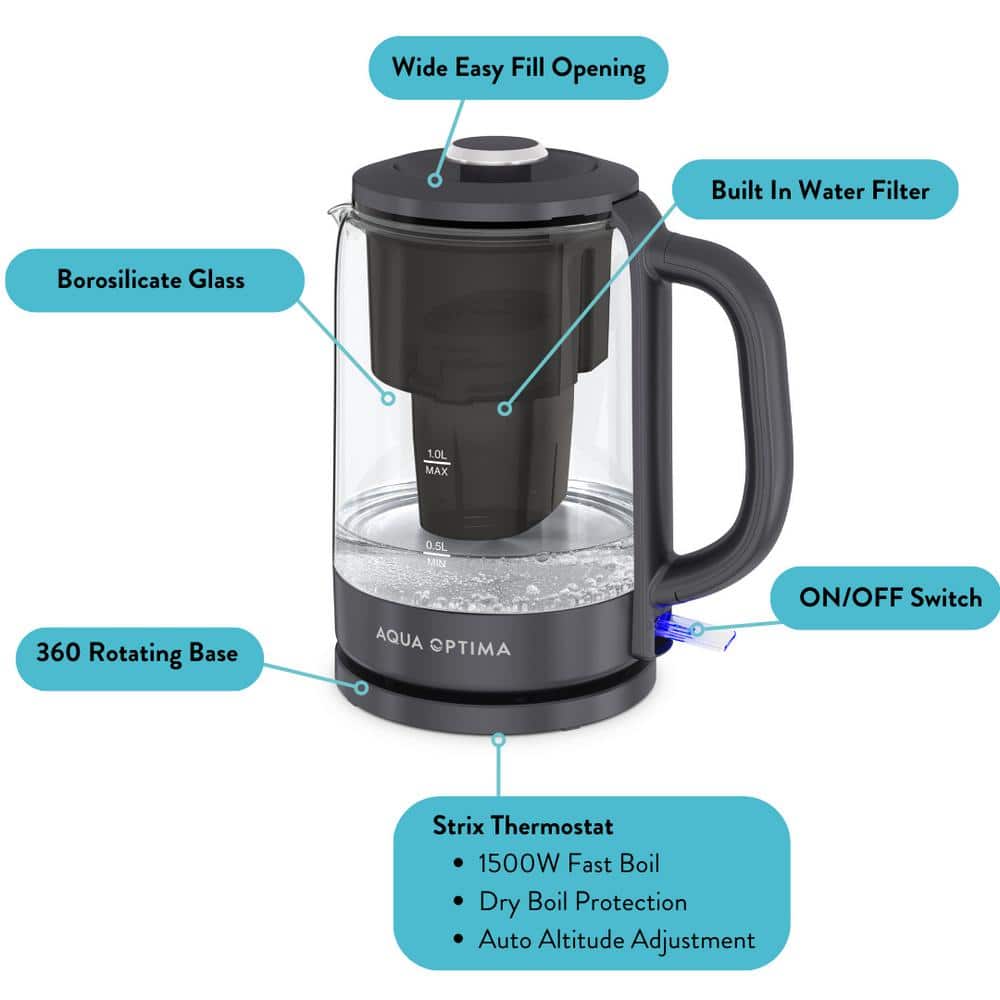Aqua Optima 1.7L Black Glass Electric Kettle with Filter