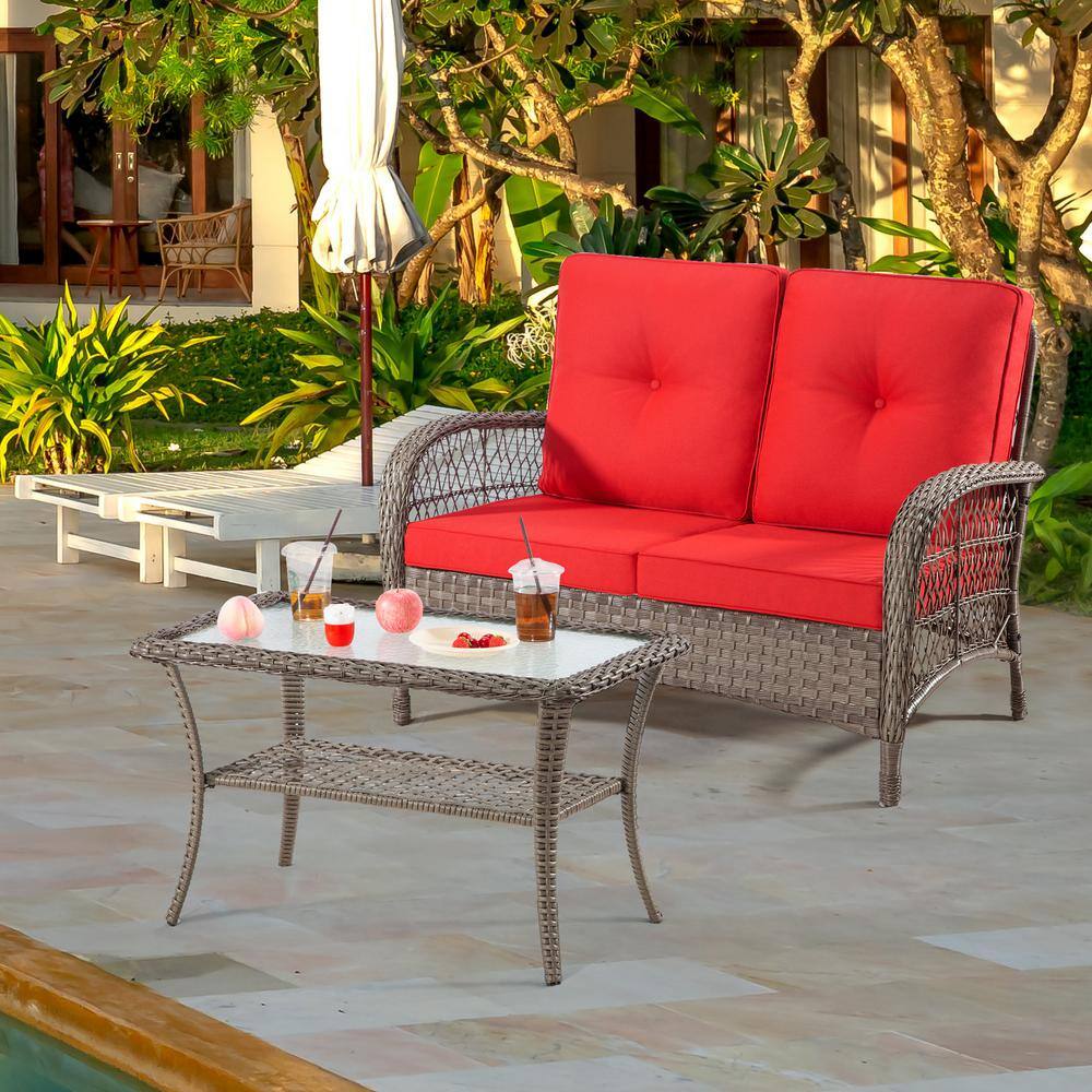 Red Cushioned Wicker Loveseat and Table Set with Black Iron Frame