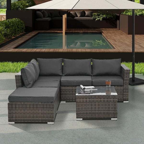 grossag 4-Pieces Dark Gray PE Wicker Outdoor Sectional Set with Black Cushions, Tempered Glass Coffee Table