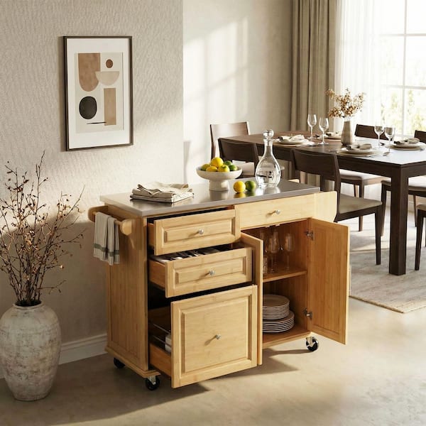 Newbury Natural Finish Bamboo 50.8 in. W Rolling Kitchen Island Cart with Stainless Steel Top, Mobile Storage Cart