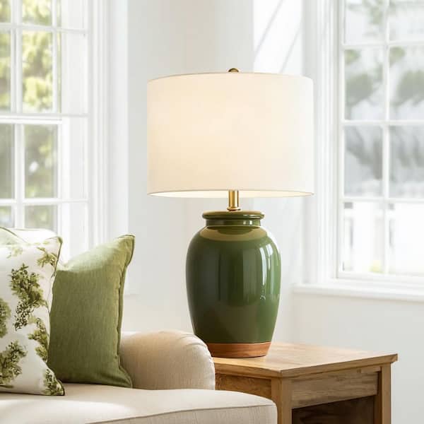 23 in. 3-Way Green Ceramic Table Lamp with White Drum Shade