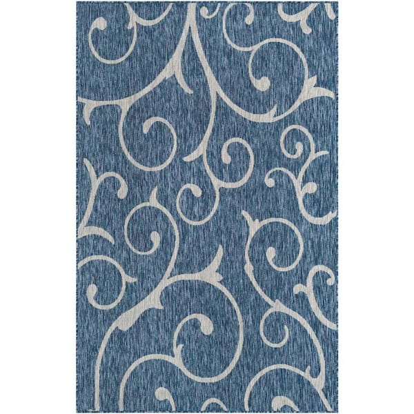 Unique Loom Outdoor Curl Azure Blue 5 ft. x 8 ft. Area Rug