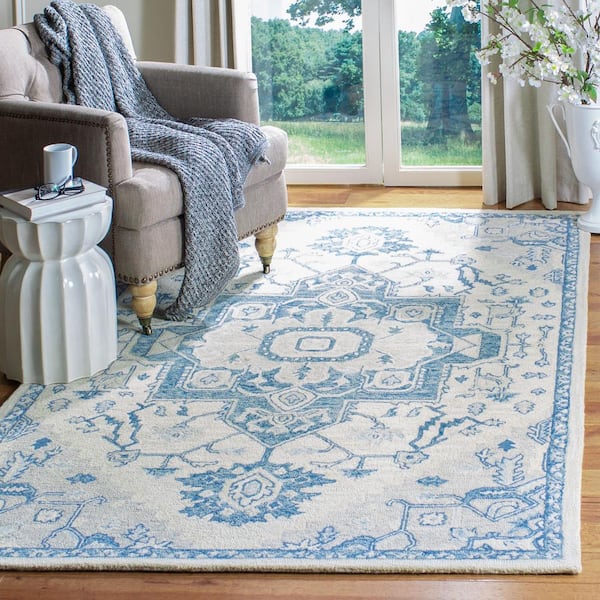 Micro-Loop Ivory/Blue 5 ft. x 5 ft. Square Medallion Floral Area Rug