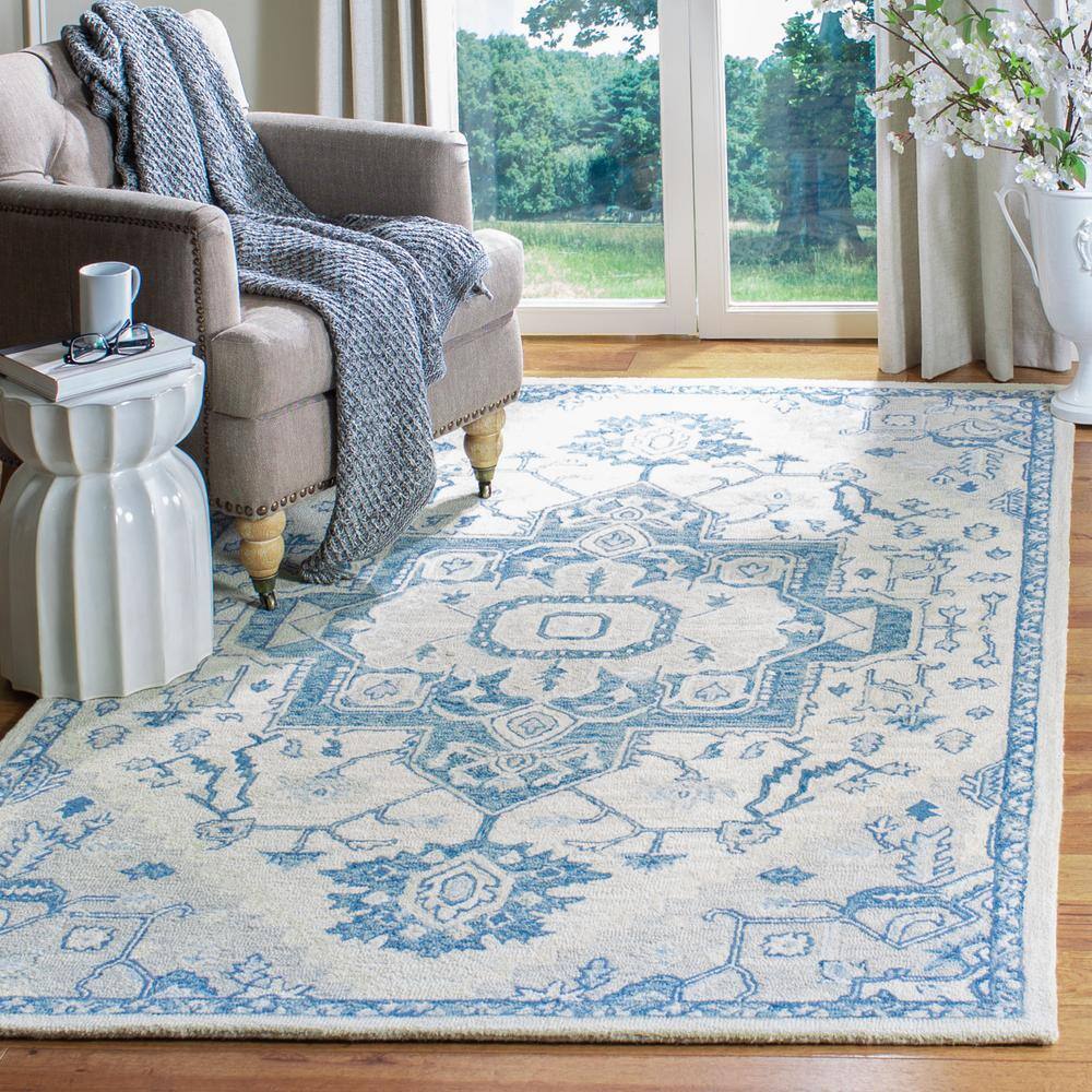 Handmade Ivory and Blue Wool Square Area Rug, 8' x 10'