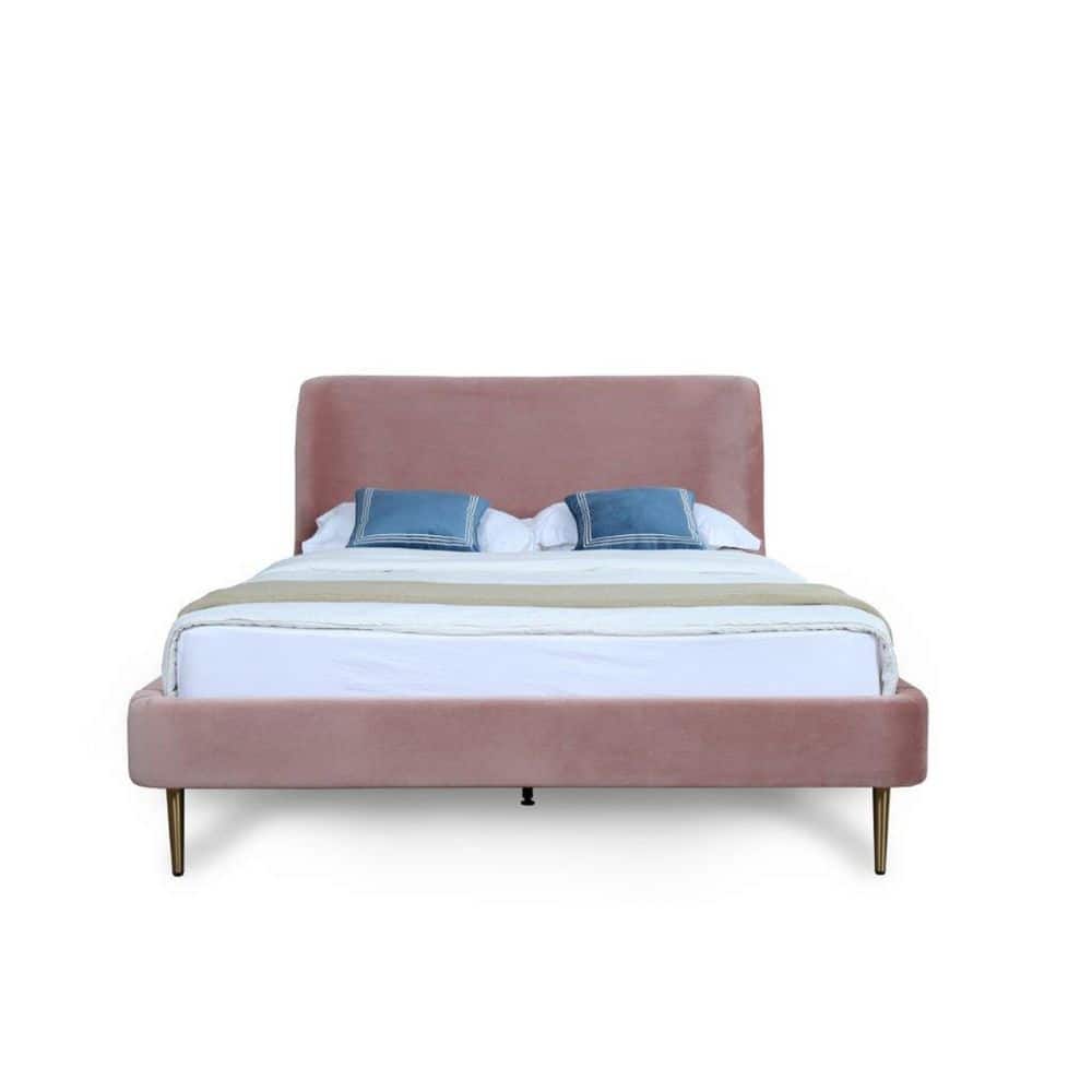 Blush Velvet Upholstered Queen Bed with Gold Legs