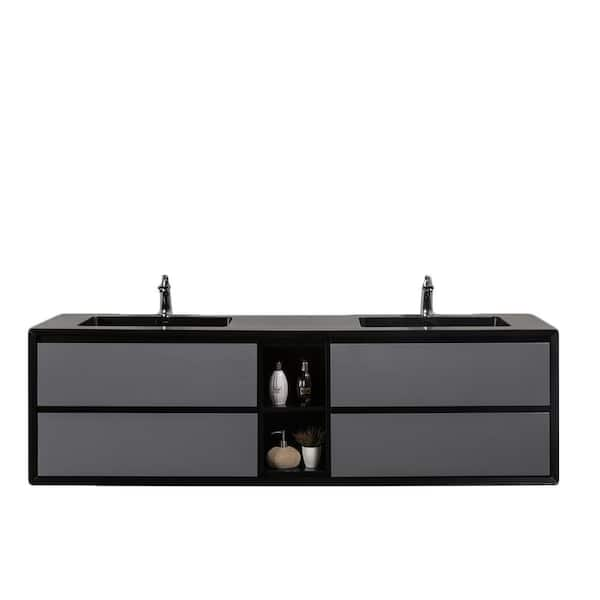 Eviva Vienna 75 Wall Mount Double Sink Bathroom Vanity with Black Integrated Acrylic Top, White Oak