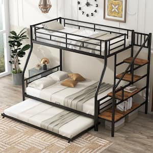 Black Twin over Full Metal Bunk Bed with Twin Size Trundle, Storage Staircase