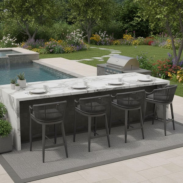 Modern Patio Wicker Metal Outdoor Bar Stool with Cushion, Backs and Ergonomic Armrest Balcony Garden Kitchen(4-Pack)