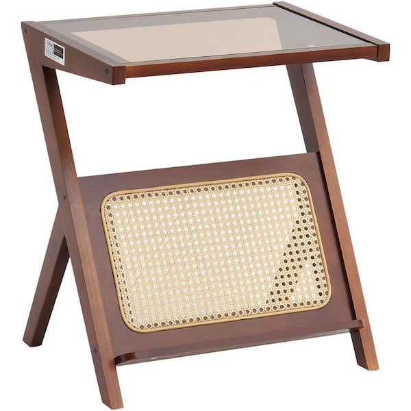 SKYSHALO Rattan Coffee Table, Z-Shaped Rattan Woven Bamboo Coffee Table with Tempered Glass Top, 20 in. Storage Coffee Table