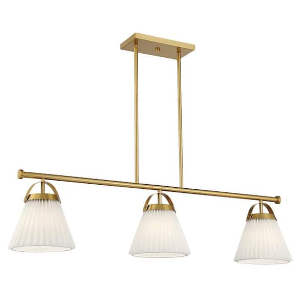 TUXEDO PARK LIGHTING 8 in. W x 10in. H 3-Light Natural Brass Scandinavian Linear Chandelier with White Knife Pleated Fabric Shades
