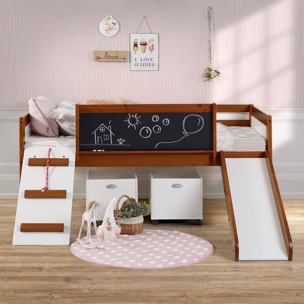 Espresso Pine Twin Loft Bed with Storage and Slide