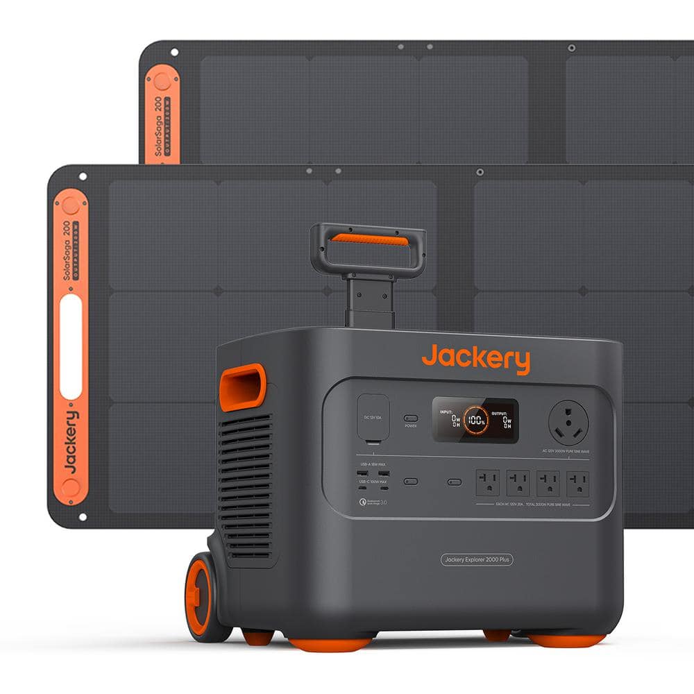 Jackery 3000W Output/6000W Peak Solar Generator 2000 Plus, Expandable Push Button Start Battery LiFePO4 w/Two 200W Solar Panels