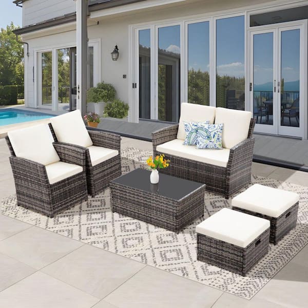 Gray Wicker 6-Piece Outdoor Sectional Set with Cushion Guard Beige Cushions