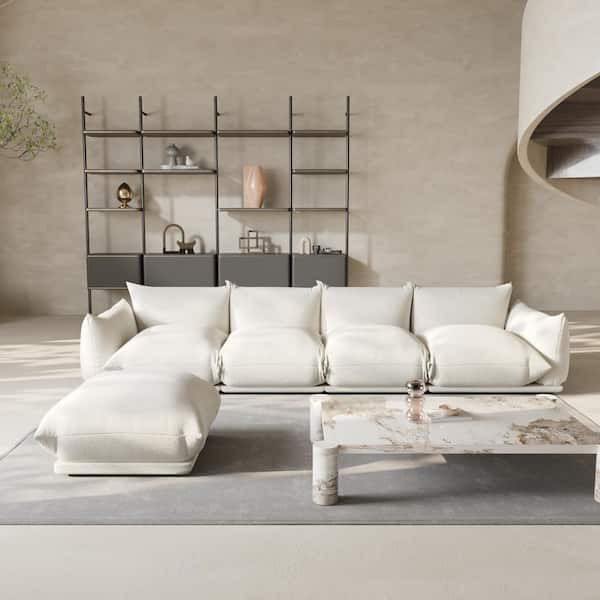 Minimalism 131 in. Flared Arm Chenille L-shaped Modular Sofa Oversized Lawson Floor Couch 4 Seater with Ottoman in Beige