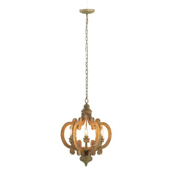 LaternBeaded 6-Light Beige Wood Chandelier with Adjustable Chain, Bulb Not Included