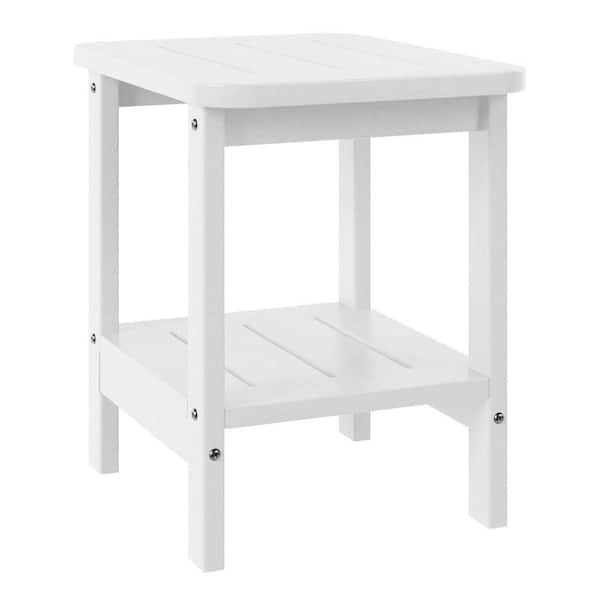 Brighton Outdoor Patio HDPE Poly Plastic Two Storage Shelf Square Adirondack Side Table, White