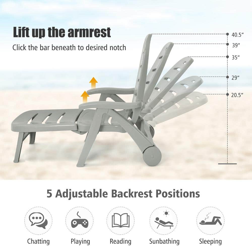 Gray 2-Piece Adjustable Plastic Outdoor Chaise Lounge Chairs