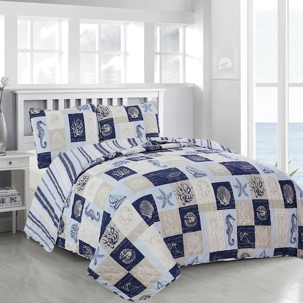 2-Piece Blue Reversible Patchwork Coastal Themed Twin Microfiber Quilt Set Bedspread