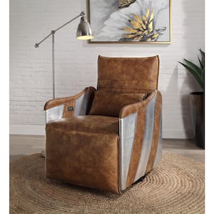 Qalurne 2-Tone Mocha and Aluminum Top Grain Leather Power Recliner with Swivel Function
