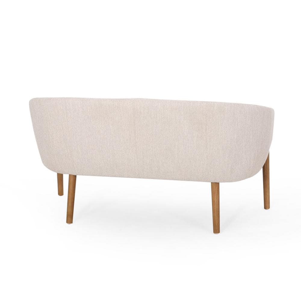 Mid-Century Beige Fabric Loveseat with Channel Stitching and Wood Frame