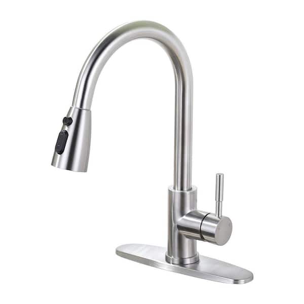 15.3 in. Deck-Mount Single-Handle 360° Pull-Down Sprayer Kitchen Faucet in Brushed Nickel