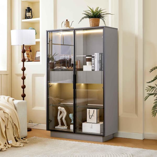 Grey 60.6 in. Accent Cabinet, Pantry Cabinet with 2-Storage Drawers, Glass Doors and LED Lighting, Adjustable Shelves