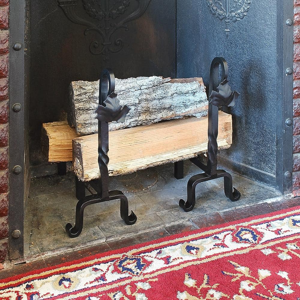 15.25" Black Wrought Iron Maple Leaf Fireplace Andirons