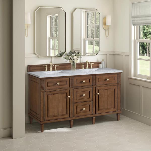 Lorelai 60.0 in. W x 23.5 in. D x 34.06 in. H Double Bathroom Vanity in Mid-Century Walnut with Carrara White Marble Top