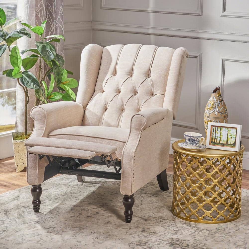 Light Beige Wingback Recliner Chair with Button-Tufting and Nailhead Trim