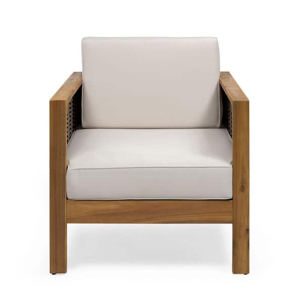 Patio Club Chair Mixed Brown Acacia Wood Frame Outdoor Lounge Chair with Wicker Accents and Beige Cushion