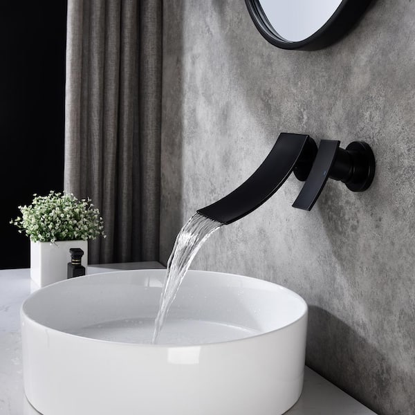 Wellfor Novelty Waterfall Single Handle, Waterfall Wall Mount Matte Black Single Handle Bathroom Sink Faucet